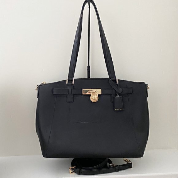 Michael Kors Hamilton Traveler Large Leather Zip Satchel Black - Picture 1 of 9